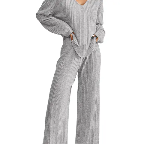 Women's 2-Piece Ribbed Bridal & Party Basic Nightwear Set - V-Neck Long Sleeve Top, Wide Leg Pants, Elastic Fit, Comfortable Breathable Light Fabrics, Cold Water Safe Sleepwear & Loungewear (Standard Sizes)