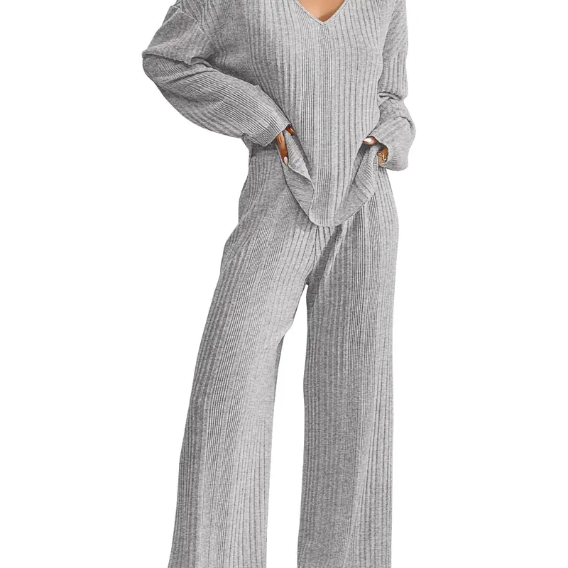 Women's 2-Piece Ribbed Bridal & Party Basic Nightwear Set - V-Neck Long Sleeve Top, Wide Leg Pants, Elastic Fit, Comfortable Breathable Light Fabrics, Cold Water Safe Sleepwear & Loungewear (Standard Sizes)