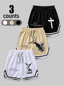 Men's Colorblock Letter Print Drawstring Waist Shorts, Casual Loose Breathable Athletic Shorts for Summer, Men's Bottoms for Daily Wear, Running Training Shorts