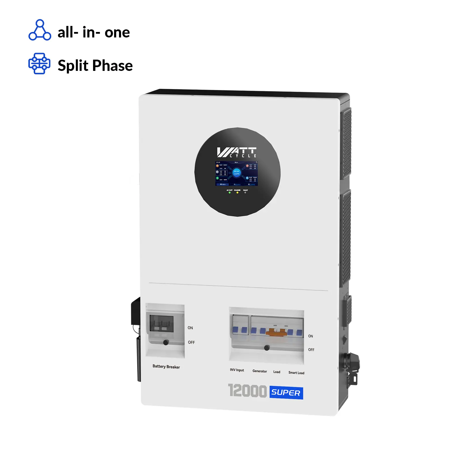 【New arrive】WattCycle 48V 12kW 200A Massive Bypass Whole Home Backup Hybrid Inverter 120V/240V Split Phase All-in-One Solar Inverter 24kW Dual MPPT 250A Fast Charging