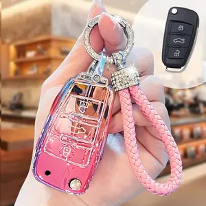 Car Key Case, Car Key Accessory, Rhinestone Decor Car Key Cover with Keychain, Key Fob Case for Audi Q3 Q2L AI4 A3L Q7 A6I A7 A3 A8, Car Accessories