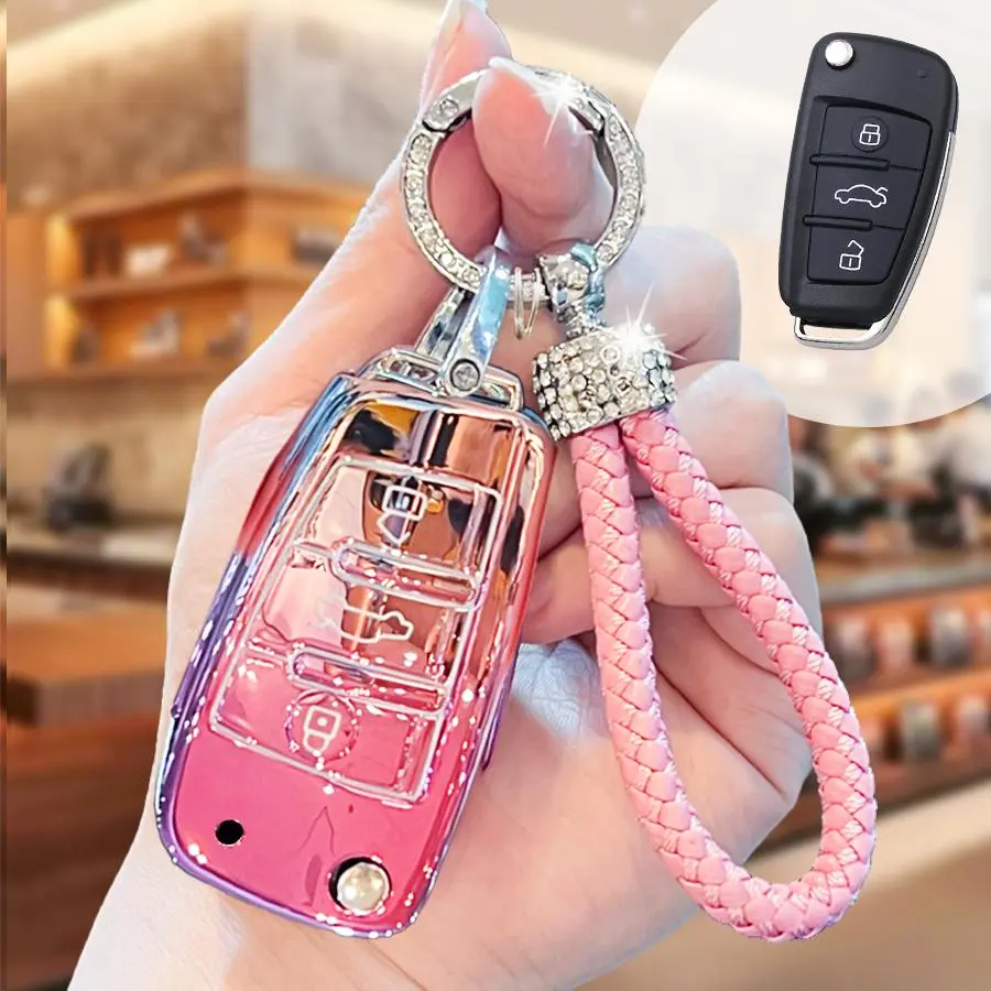 Car Key Case, Car Key Accessory, Car Key Holder, Rhinestone Decor Car Key Cover with Keychain, Key Fob Case for Audi Q3 Q2L AI4 A3L Q7 A6I A7 A3 A8, Car Accessories