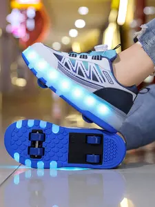 Teen Boys Girls Walking Shoes, Rotating Button, Glow-In-The-Dark Color Changing LED Running Sports Shoes, Breathable Mesh Casual Sneakers