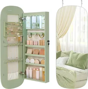 SONGMICS LED Jewelry Cabinet – Lockable Mirror Organizer for Necklaces, Rings & Earrings, Wall/Door Mounted, Stylish Laurel Green”