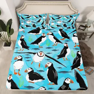 Feelyou Cute Puffin Pattern Polar Animal Theme Queen Size Bedding, Decorative Bedsheet Sets, Microfiber Bedding Set for Bedroom Decor