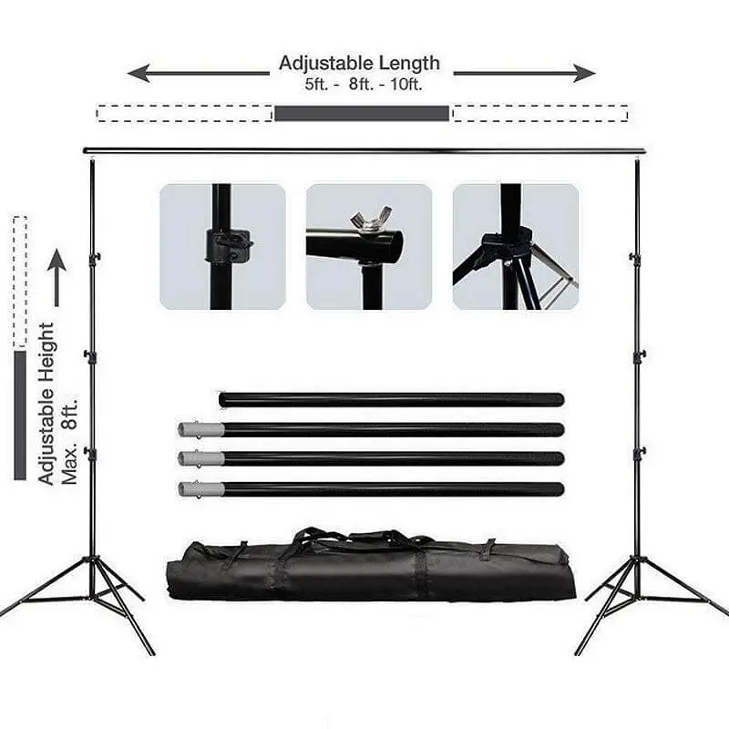 8ft x 10ft Adjustable Height Metal Photography Backdrop Stand Kit, Camera Photography Tool with Quick Release Accessories and Free Clips