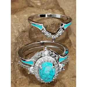 Fashion Boho Style Turquoise & Rhinestone Decor Rings, 3 Counts Rings, Hand Jewelry for Women & Men, Fashion Jewelry for Party, Daily Clothing Decor, All-match Jewelry for Birthday Gift, Stackable, Stacking Rings
