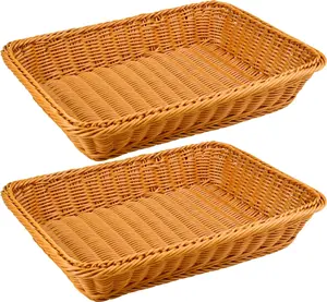 2 Pack 16 Inch Rectangular Poly Wicker Bread Baskets, Durable Woven Serving Basket for Fruits, Vegetables Bread Indoor/Outdoor Use in Kitchen, Home, Restaurant