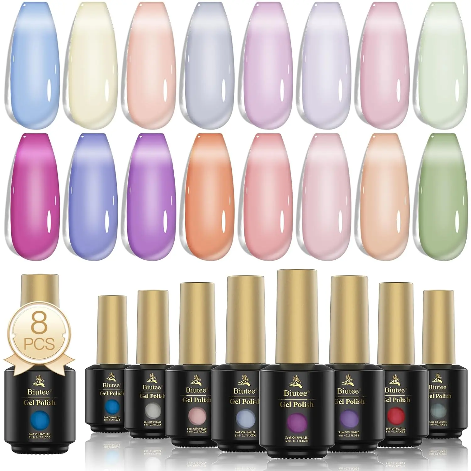 Nude Gel Nail Polish Set, 8 Transparent Pink Blue Colors Kit Color Changing Gel Polish UV LED Light Sunlight Soak Off Sheer Polish Gel Nail Art DIY Manicure Home Salon Gifts for Girls Women Nail Care Brush Clear French Resin Smooth Translucent Cutics