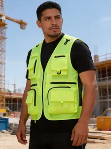 Men's Solid Multi-pocket Zipper Gilet, Loose Casual Street Fashion Hollow Out V Neck Vest Jacket for Spring & Summer, Men's Clothes for Daily Wear