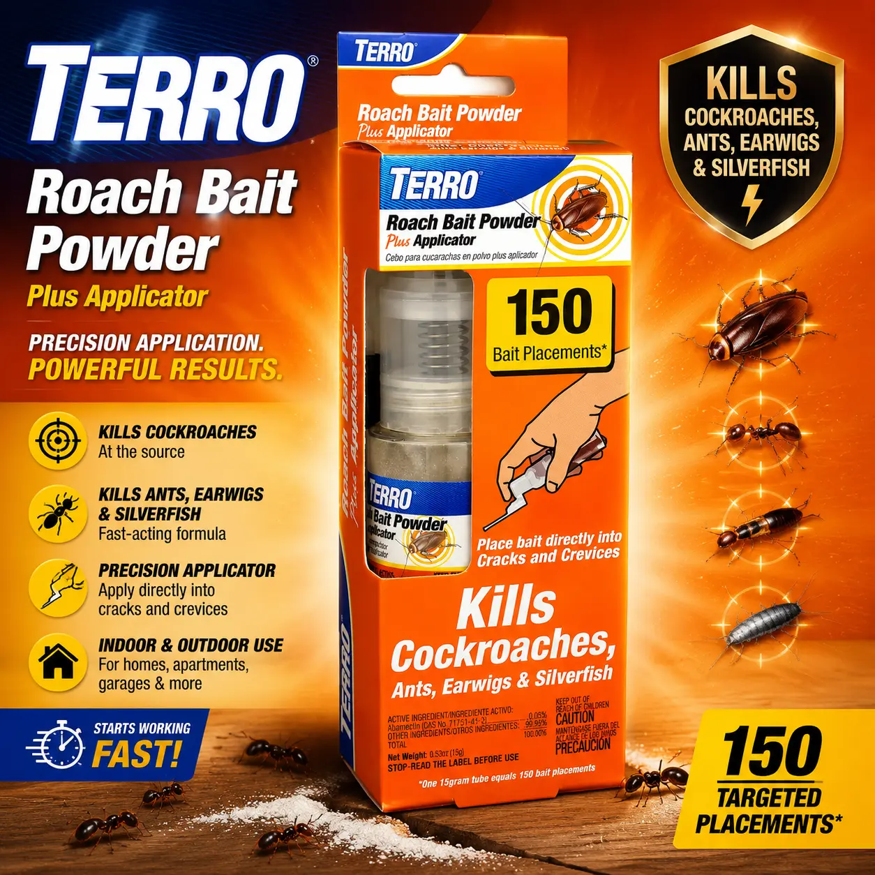 TERRO Roach Bait Powder with Precision Applicator, 0.53 oz Tube | Kills Cockroaches, Ants, Earwigs, & Silverfish, 150 Targeted Placements, Indoor and Outdoor Pest Control Solution, T530