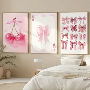 3-Piece Cherry Bow Canvas Art Set, Cute Girls Bedroom & Dining Room Decor, Unframed Indoor Wall Decoration, Print