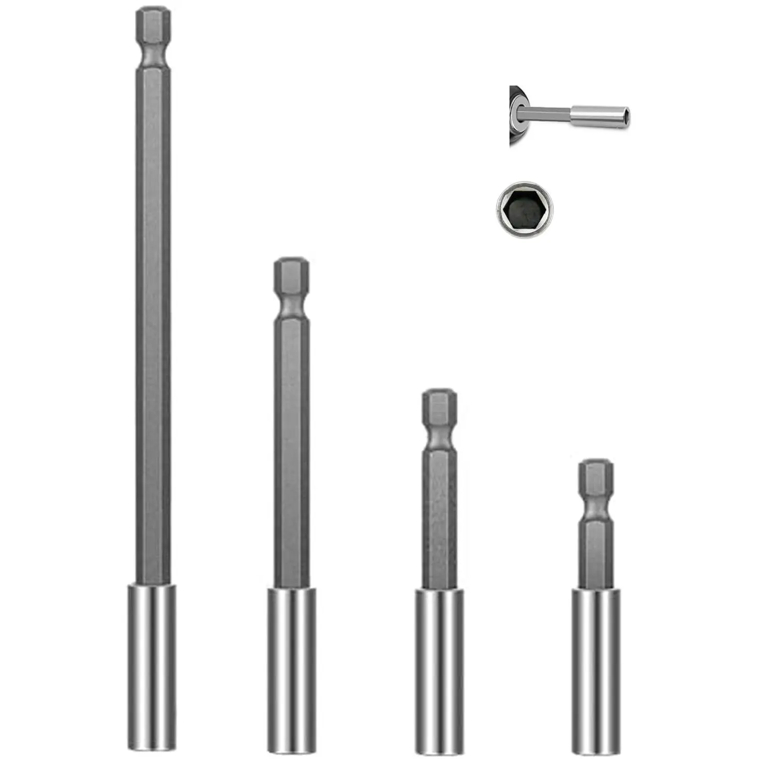 4-Count Multi-Size Drill Bit Extension Holder Set with 1/4 Hex Shanks, Attachment Connectors, Extension Shafts (63.5/75/100/150mm) for Household Tasks, DIY Projects