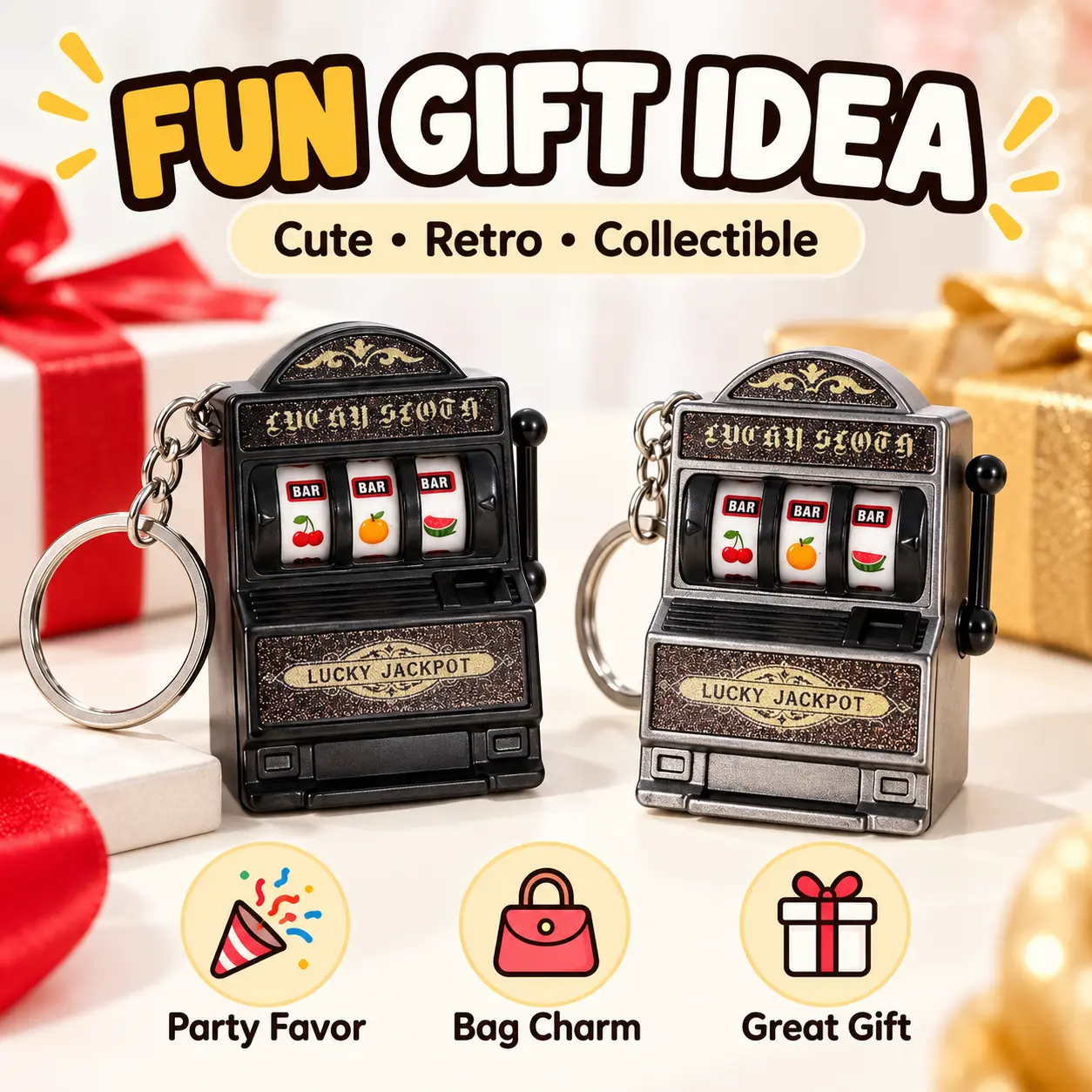 (Set of 2) Mini Slot Machine Keychains, Retro “Lucky Jackpot” Fruit Machine Keychains (with pull tab), Cute Mini Casino Game Keychains, Fun and Unique Accessories, Portable Accessories, Unisex—Perfect for Christmas and Party Gifts