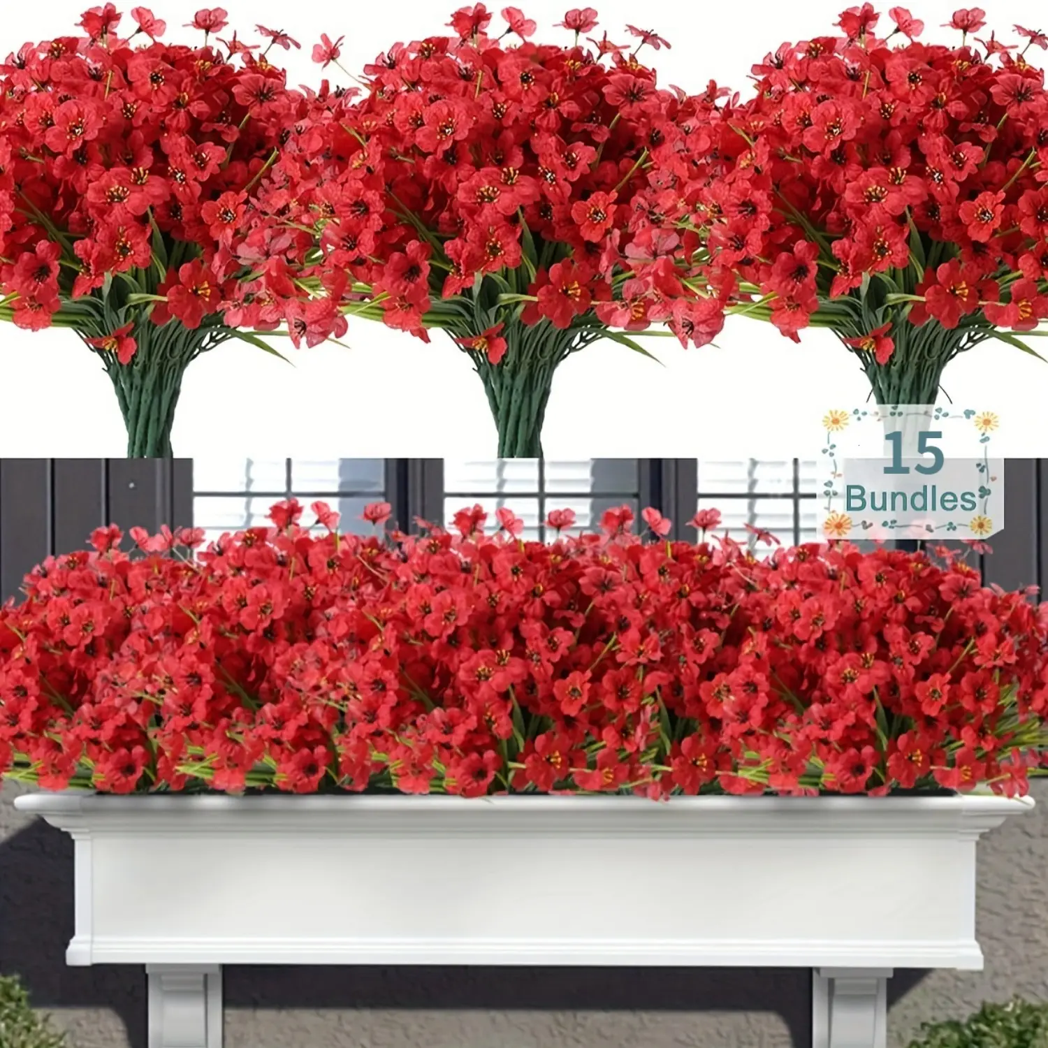 15 Pcs UV-Resistant Fade-Resistant Decorative Outdoor Artificial Plants, Faux Plastic Shrubs & Fake Silk Flowers for Window Box, Garden, Hanging Planter Pot Ornaments (Red)