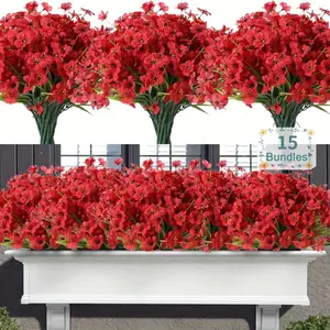 15 Bundles Artificial Flowers UV Resistant Outdoor Plants No Fade Faux Plastic Shrubs Fake Silk Flowers Window Box Garden Porch Home Decoration(Red) Plastics Decorative Fruit gardening supply hanging planter pot Ornaments