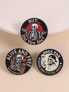 1/3Pcs Vintage Gothic Skull Brooch Set, Multiple Skull Designs & Text Decorations, Dark Skull Theme Badge, Unisex Daily Wear Accessory Gift
