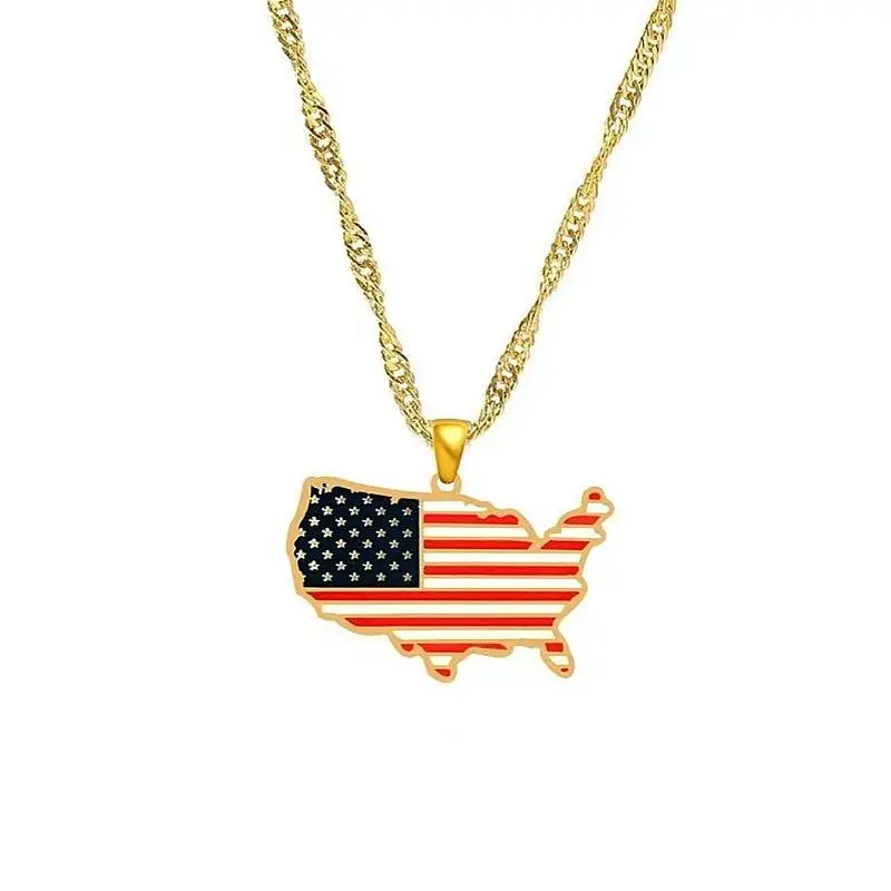 Unisex Light Luxury American Flag Map Chain-Link Necklace, Copper Gold Floral Pendant, Casual Elegant Flowers Costume Jewelry for Daily & Party Wear, Gold-Plated Mom Gift for Summervi