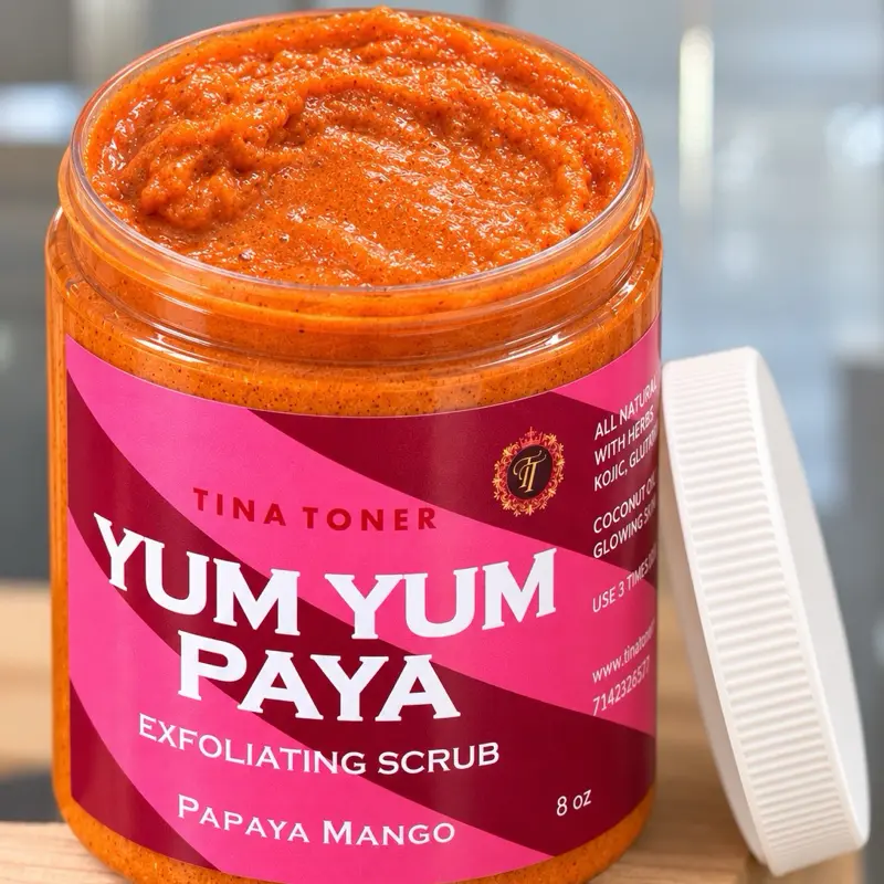 TINA TONER Yum Yum Paya Exfoliating Scrub, Papaya Mango, 8 oz, Gentle Face and Body Scrub for Smooth, Soft, Radiant Skin