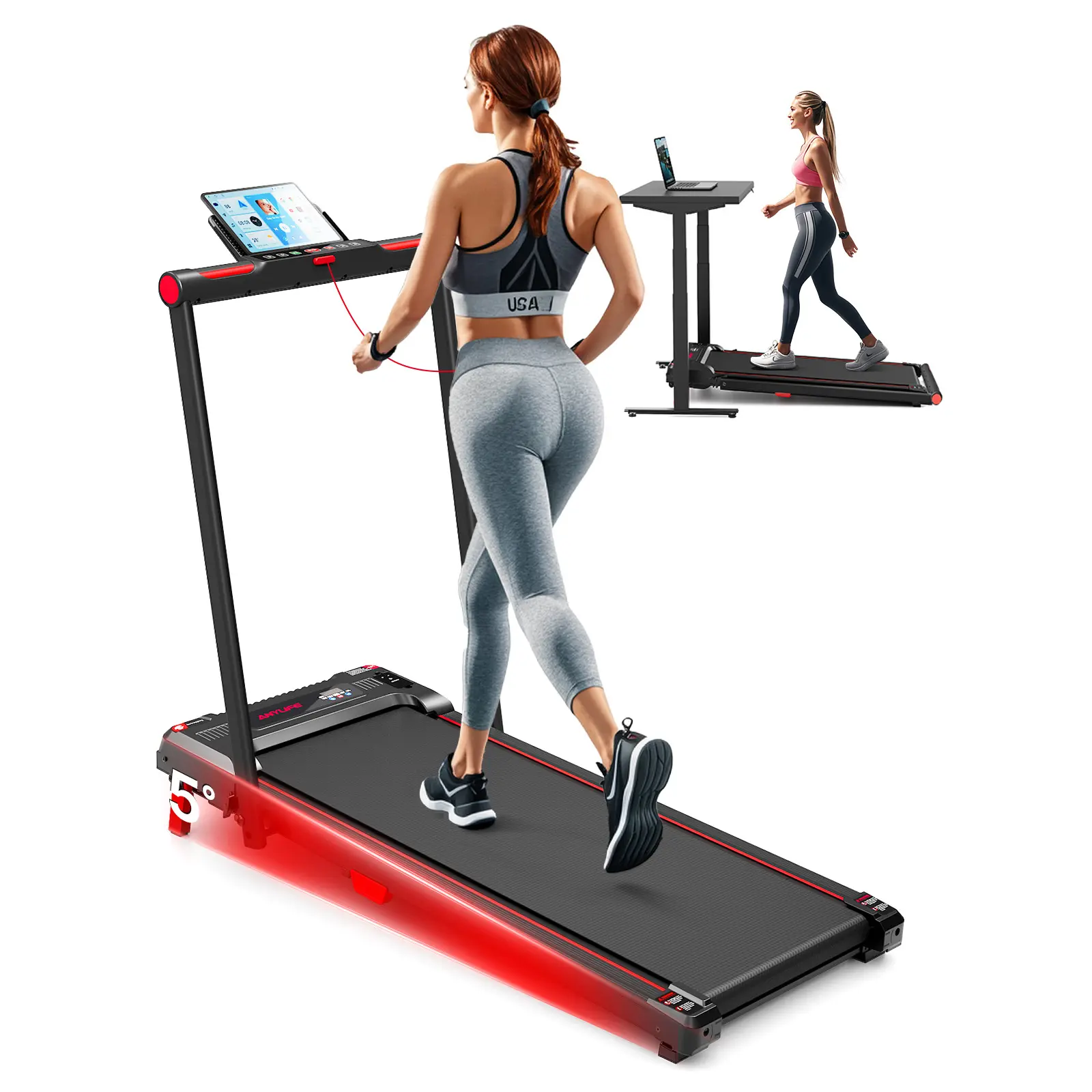 ANYLIFE Foldable Home Gym Treadmill - 2-in-1 Under Desk Incline Walking Treadmill, 2.5HP Quiet Motorized Steel Frame Model, 330 lbs Capacity, LED Display, Home Fitness Equipment, Motorized Treadmill