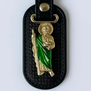 San Judas Tadeo Keychain Stainless Steel & PU Black Men's Faith Statement Accessory Durable Religious Gift Pendants