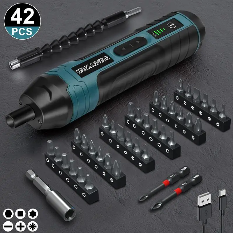 3.6V Electric Screwdriver Set (42pcs/set), Cordless Rechargeable Portable Electric Screwdriver with Screwdriver Bit Set, Bit Holder & USB Cable, Profe
