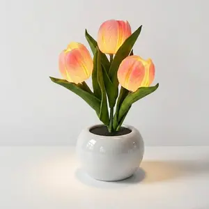 Tulip LED Night Light with Vase - Battery Operated Realistic Flower Table Lamp, Mood Light for Modern Home Decor, Unique Mother's Day & Christmas Gift for Women/Mom bedroom table decoration Cozy Decor