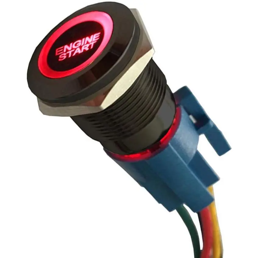 12V Momentary Waterproof Stainless Steel Car Push Button Switch - 19mm Black Shell, Red LED Light, Metal Socket Plug Wire, 5A/250VAC for Engine Start, Automotive Waterproof Switch