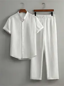 Men's Textured Stripe Short Sleeve Shirt And Drawstring Pants Set, Breathable Daily Casual Wear For Summer