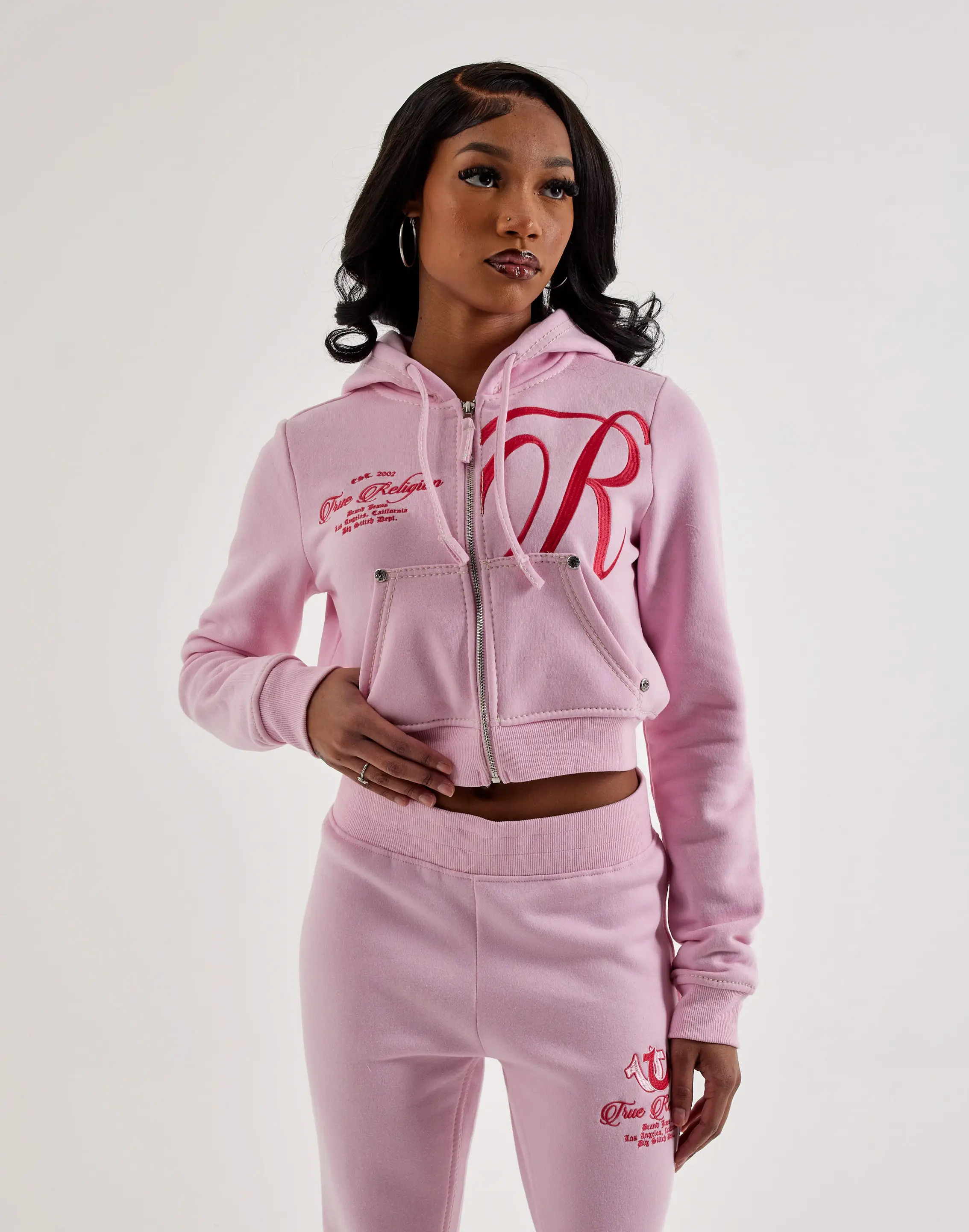 Womens True Religion Embroidered Big T Full-Zip Fleece Hoodie