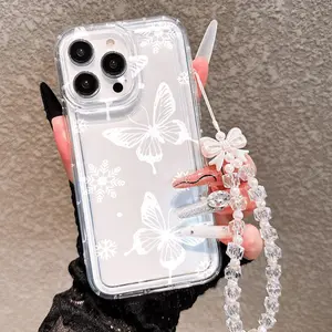 Snowflake Bowknot Pattern, Elegant Lanyard, Transparent Full Coverage Tpu Phone Case, Gift for Friends and Relatives, Compatible with iPhone