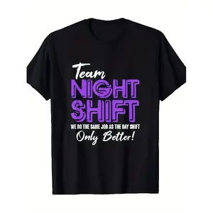 Men'S Heavyweight 1.9 Night Shift Worker T-Shirt |   Team Night Shift Slogan & PurplePink Design, All-Season Comfort Fit Round Neck Short Sleeve Workwear for Hospital, Nursing, Security - Durable Digital Print Casual Work Apparel (Black, Unisex)