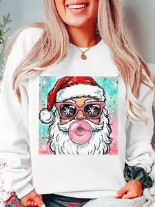 Vintage Santa Claus Bubble Print Women's Round Neck Sweatshirt, Casual Fitted Fall & Winter Wear, Cartoon Pattern, No Ca Prop 65