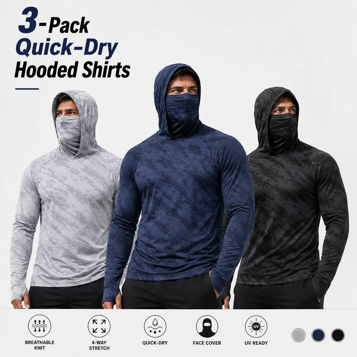 3-Pack Men’s UPF 50+ Sun Protection Fishing Hoodies with Built-In Face Mask, Quick-Dry Breathable Long Sleeve Hooded Shirts for Fishing, Hiking, Running & Outdoor Work