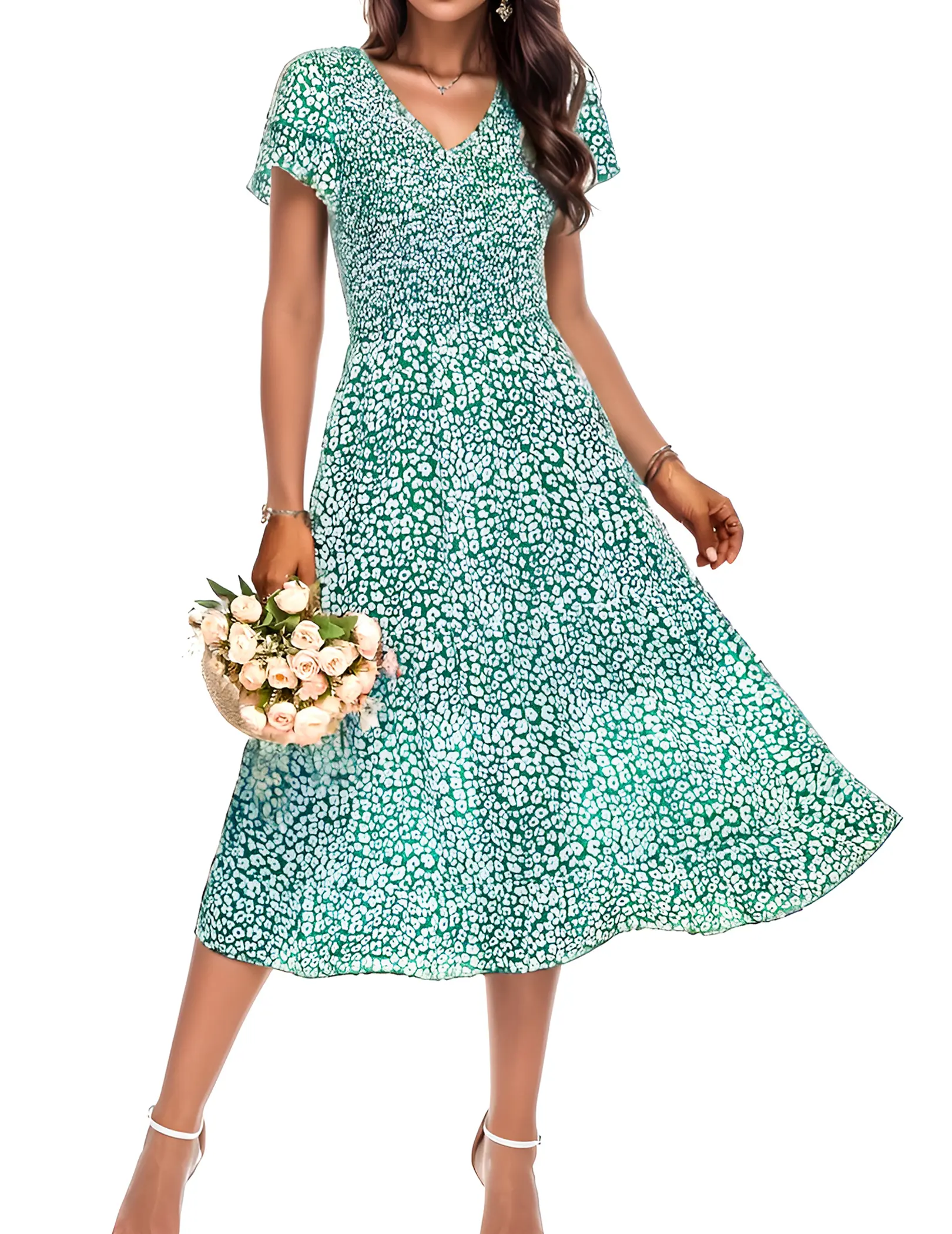 green floral midi dress with sleeves Smocked Shoulder Dress- Light Blue Florals on Green 1XL