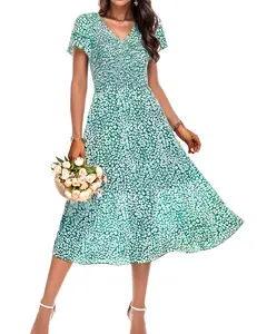ZEAGOO DealsForYouDays Women Modest Floral Midi Dress Summer Short Ruffles Tiered Sleeve Smocked Dresses V Neck Bohemian Wedding Guest Long Dresses