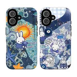 Cute Miffy Blue Ocean Scrapbook Phone Case, Y2K Cartoon Rabbit Phone Cover for iPhone 17 Pro Max 16 15 14 13 12 11 & Galaxy S26 S25 S24 S23 S22, Disco Ball Starfish Star Pattern, Ocean Blue Beachy Vibes, Adorable Miffy Bunny Protective Case, Gift for Her