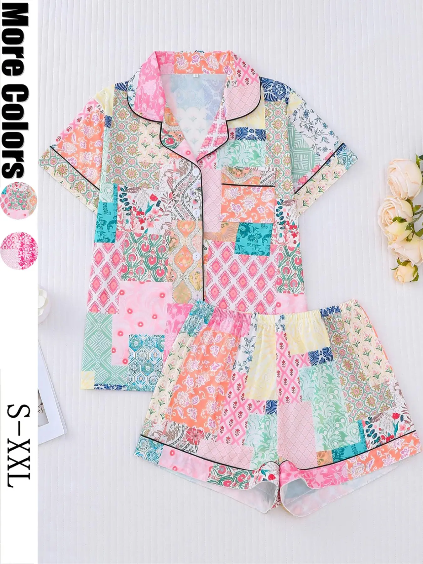 Women's Floral Print Pajama Set Pjs, Short Sleeve Button-Up Shirt and Elastic Shorts, Casual Loungewear, All-Seasons Comfortable Sleepwear, Pajama Lounge Sets