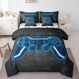 Gamer Comforter Set with Sheets,Game Controller Bed in a Bag,Gaming Gifts 7 Piece Bedding Set,All Season,Blue Bed Set Bed Blanket Cartoon Pattern Blanket