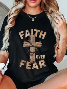 100% Cotton Unisex Faith Over Fear Christian Cross Belief God Jesus T-Shirt Christ Christian Tops