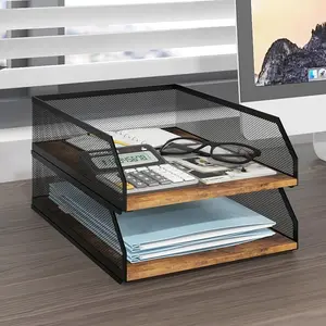 2-Tier Stackable Paper Tray, Metal Mesh Desktop Organizer, Wood Board Paper Sorter, Letter Trays, File Document Storage Rack for Home, Office, School (Retro)