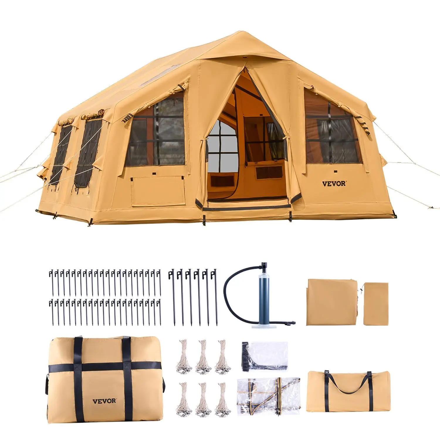 【SummerFinds】VEVOR Inflatable Tents for Camping, 8-12 Person Easy Setup Blow up Tent with Hand Pump, 4 Season Luxury Glamping Tent with 2 Skylights, Canopy, Stove Jack, 2 Doors & Mesh Windows (Include Storage Bag)