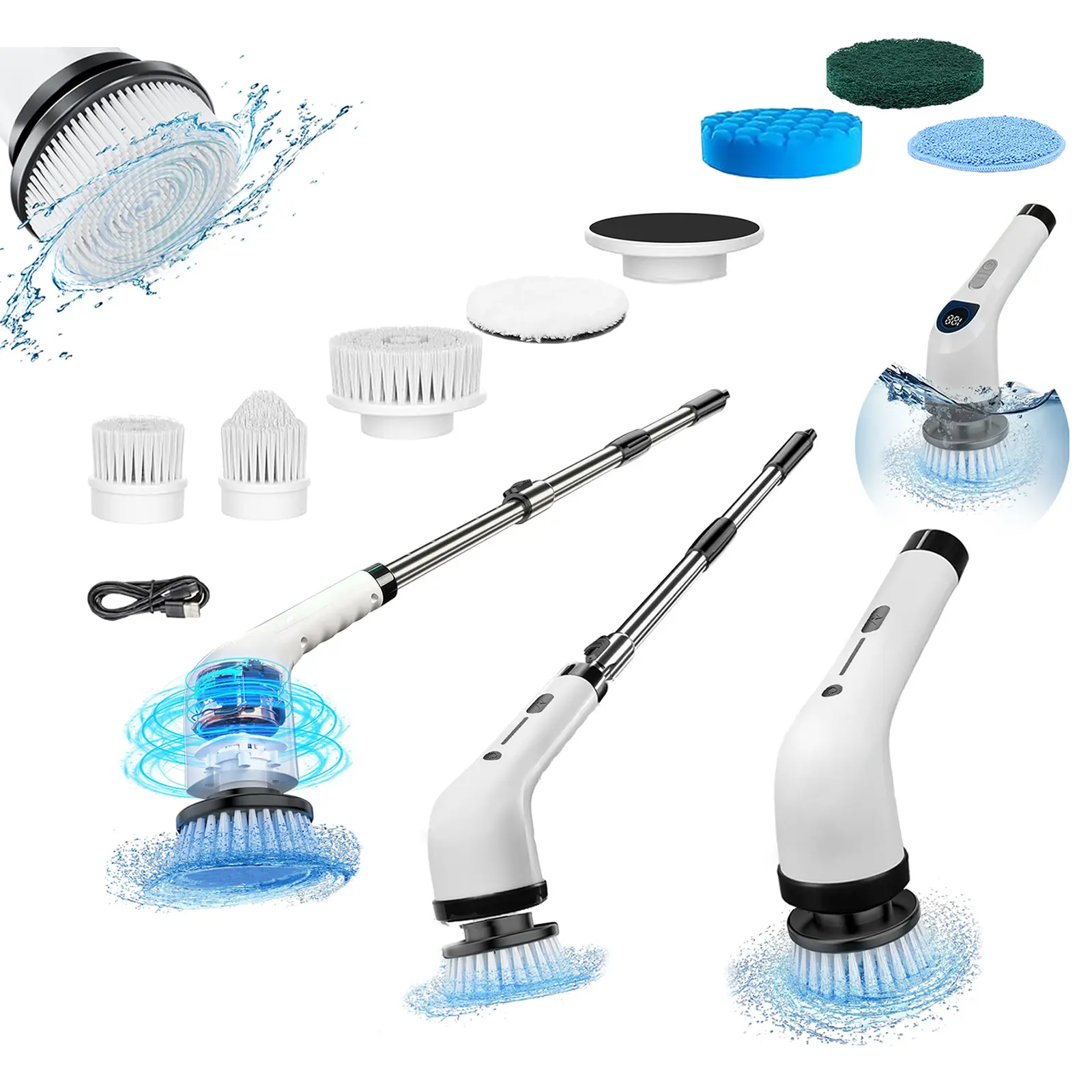 Portable Cordless Electric Spin Scrubber - IPX7 Full-Body Waterproof Multi-Head Set with 4 Replaceable Heads, 3 Adjustable Extension Handles, 2-Speed, USB Cable, for Home Decor, Apartment Stuff, Room Gadgets Deep Cleaning