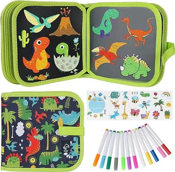Kids Erasable Doodle Book w/ 12 Watercolor Pens & 14 Page Drawings - Road Trip Game, Easy, Fun, No Mess