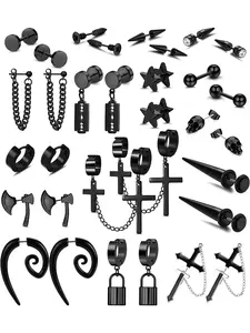 Morfetto 16 Pairs Stainless Steel Y2K Punk Earrings Black for Men Women Mens Earrings Skull Cool Emo Goth Chains Jewelry Piercing Dangle Hoop Earrings Stud Set