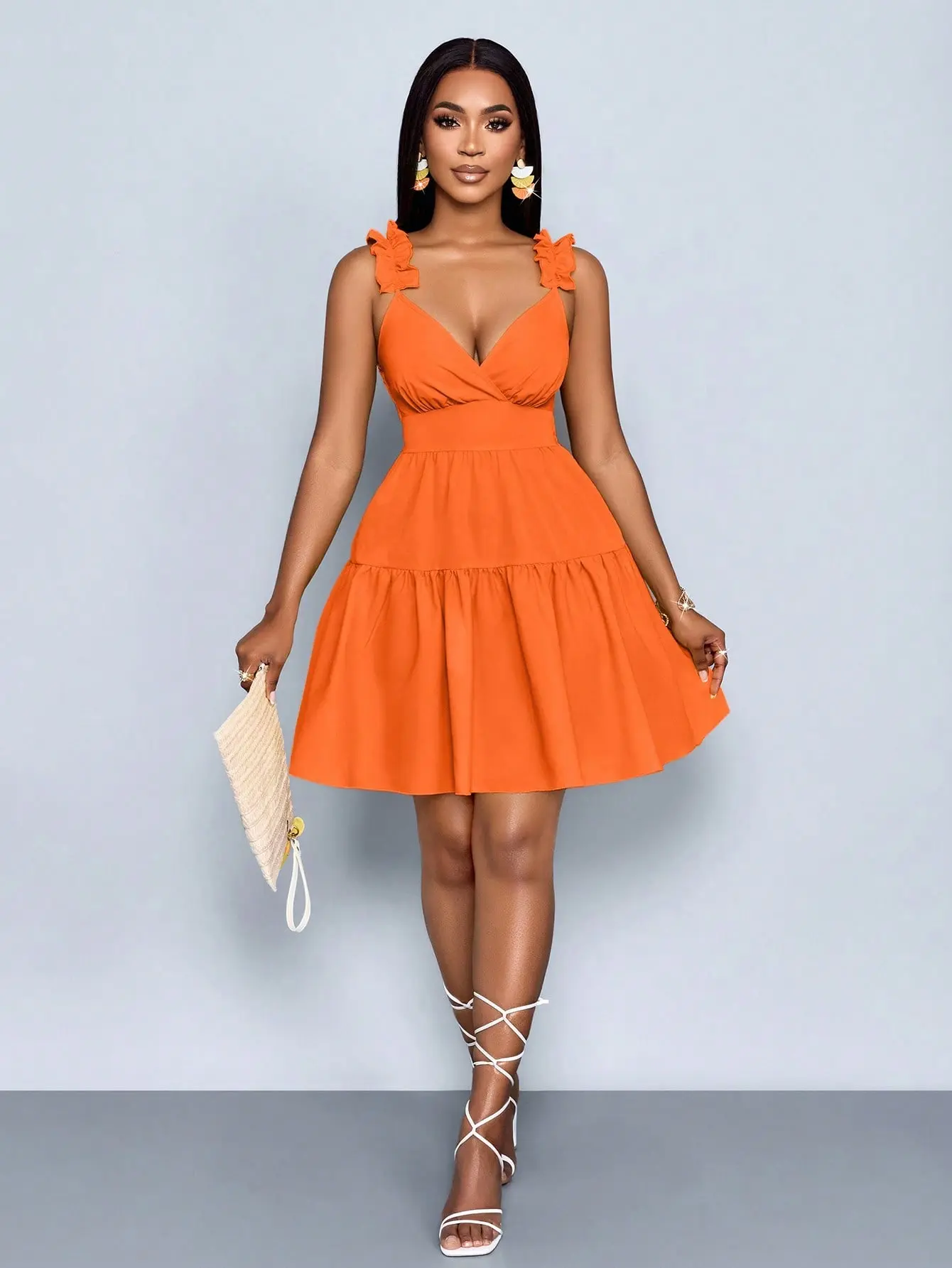 Women's Elegant Orange Red Cut-Out Back Mini Dress - Solid Color Loose Summer Dress for Women - Casual Vacation Beach Holiday Brunch Date Party Dress - Music Festival Back to School Chic Flowy Outfit Formal Minimalist