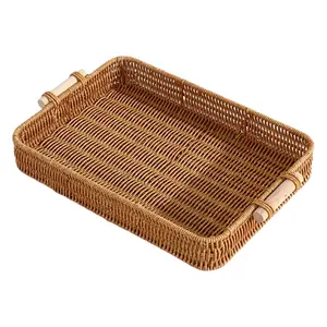 A Plastic Wicker Storage Basket with Handles, Rattan Basket, Suitable for Modern TV Cabinets, Rectangular Shallow Storage Box, Ideal for Organizing Miscellaneous Items in The Living Room, Bedroom, Kitchen, Bathroom, And Hotel Services, Shelf Baskets