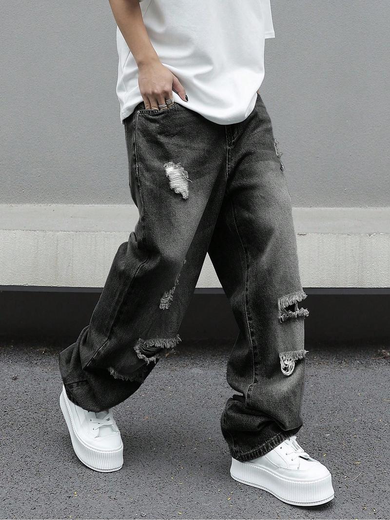 Men’s Loose Fit Distressed Denim Jeans for Streetwear and Everyday Style gift for dad jeans pants for men christmas gifts for dad mens pants cute boyfriend gifts mens jeans black jeans fall clothes dad gifts for christmas winter clothes