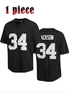 Men's 34 Black American Football V Neck Short Sleeve Embroidered Sports T-Shirt, Casual Loose Fit Summer Jersey, Kint Fabric, Jersey Shirts