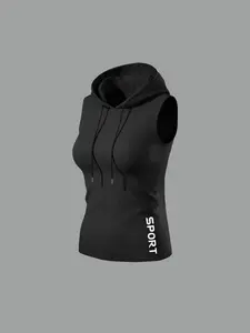 Men Women Sport Letter Print Loose Fit Sleeveless Hoodie Tank Top, Gym Yoga Running Cycling Summer Essential